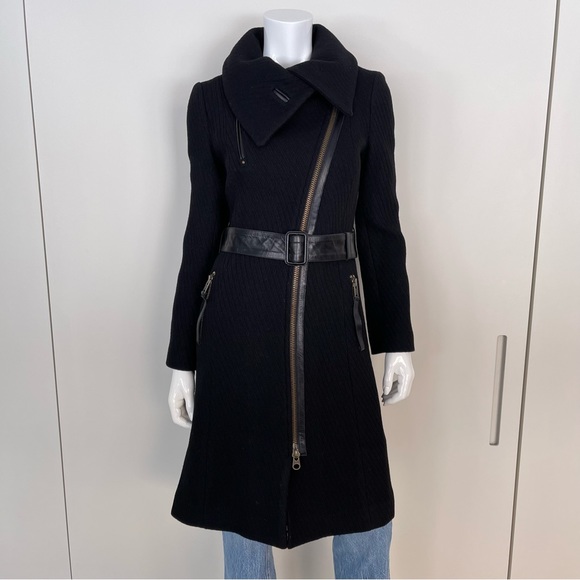 MACKAGE Funnel Neck Asymmetrical Zip Belted Wool Coat in Black - Picture 3 of 12